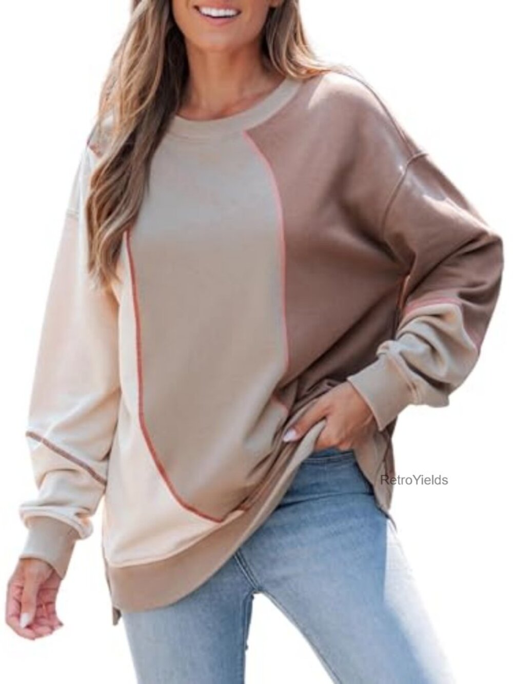 Crewneck Sweatshirt Oversized Pullover Color Block Loose Long Sleeve